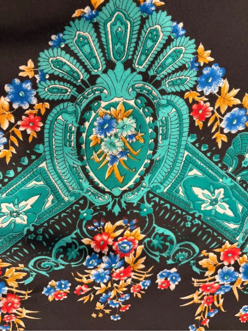 Floral Paisley Black Square Scarf with Turquoise & Red Accents